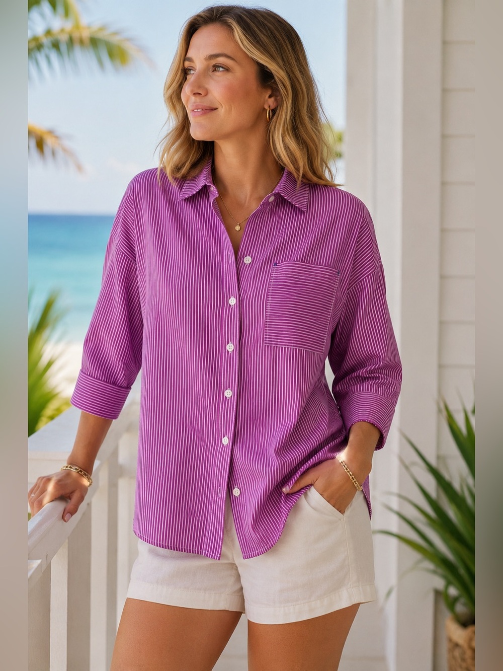 Tommy Bahama Raspberry Pinstripe Button Up Shirt XS | Coastal Grandmother Resort